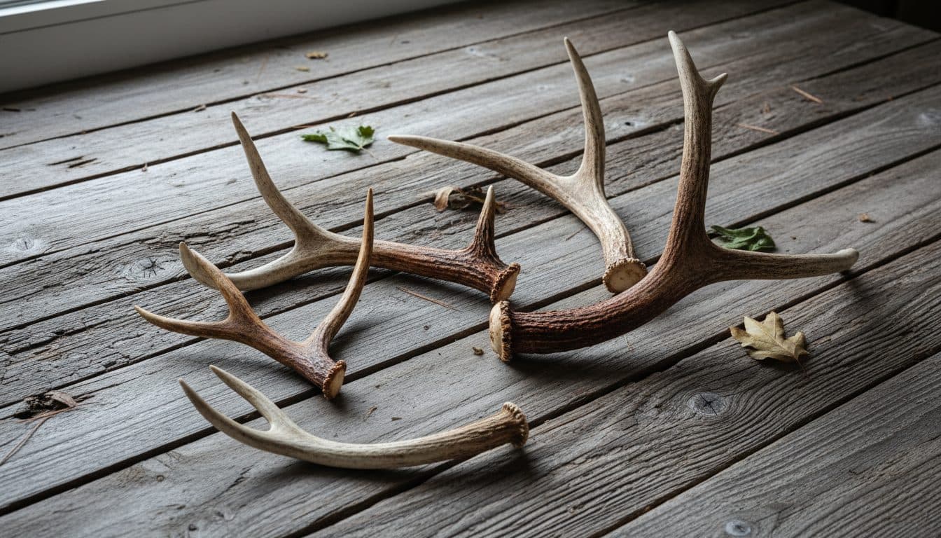 Shed elk antlers on weathered wood
