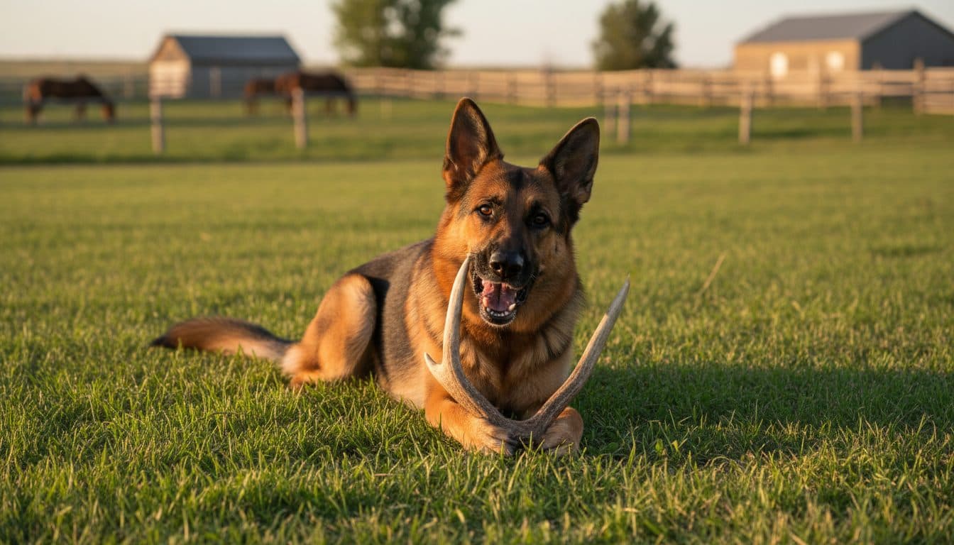 Dog with an elk antler chew on the grass