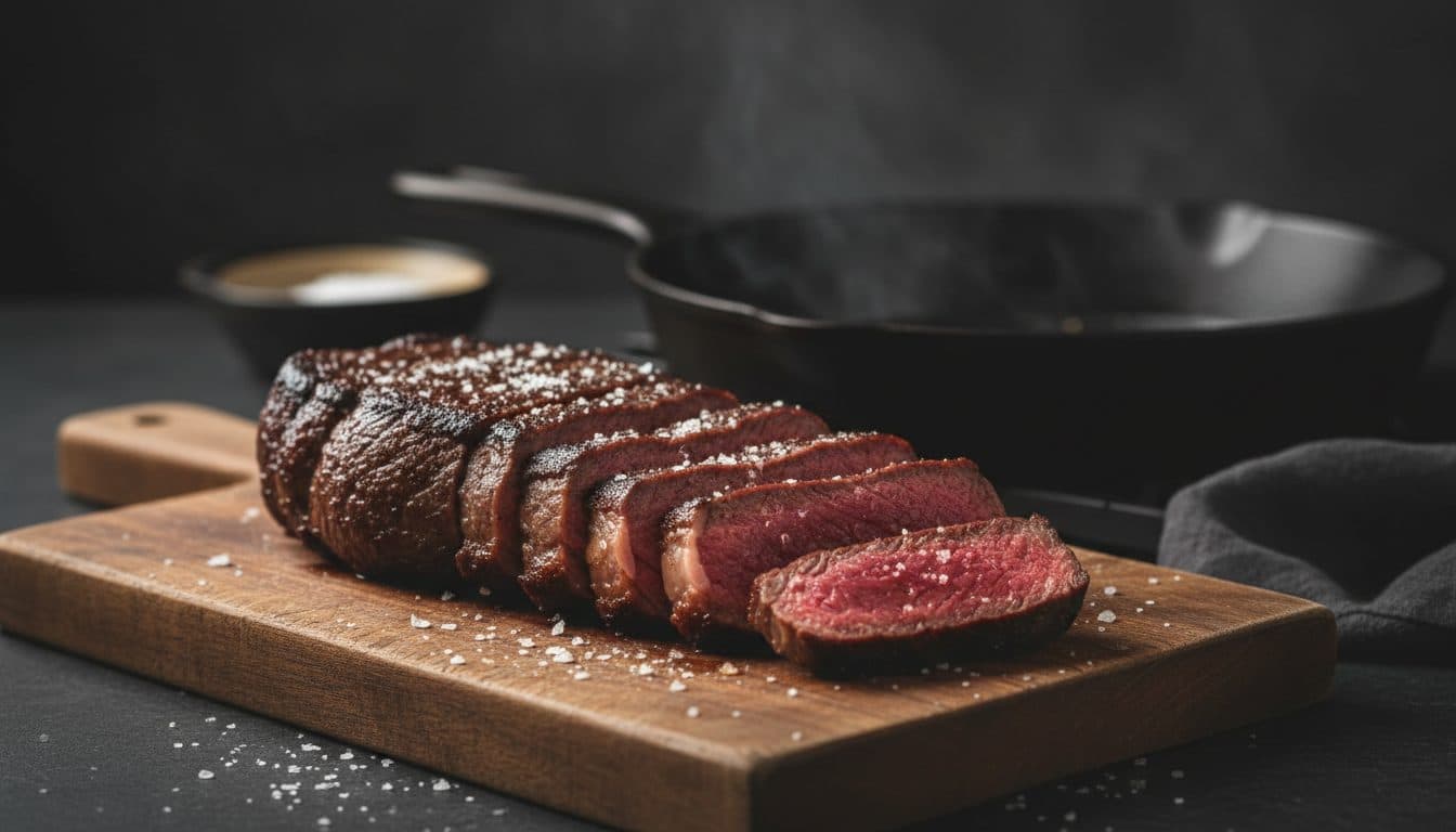 Seared elk steak sliced on a cutting board